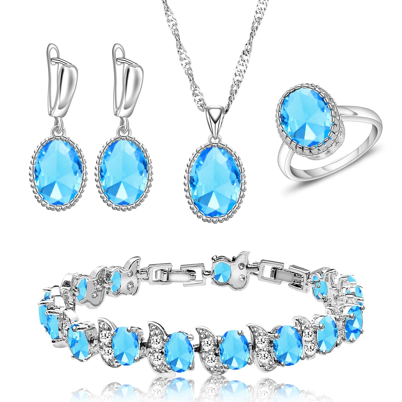 LMXXVJ Jewelry Set for Women CZ Gemstone Earring Ring Necklace Tennis Bracelet Bridal Anniversary Prom Party Christmas Jewelry Gift,Silver Tone