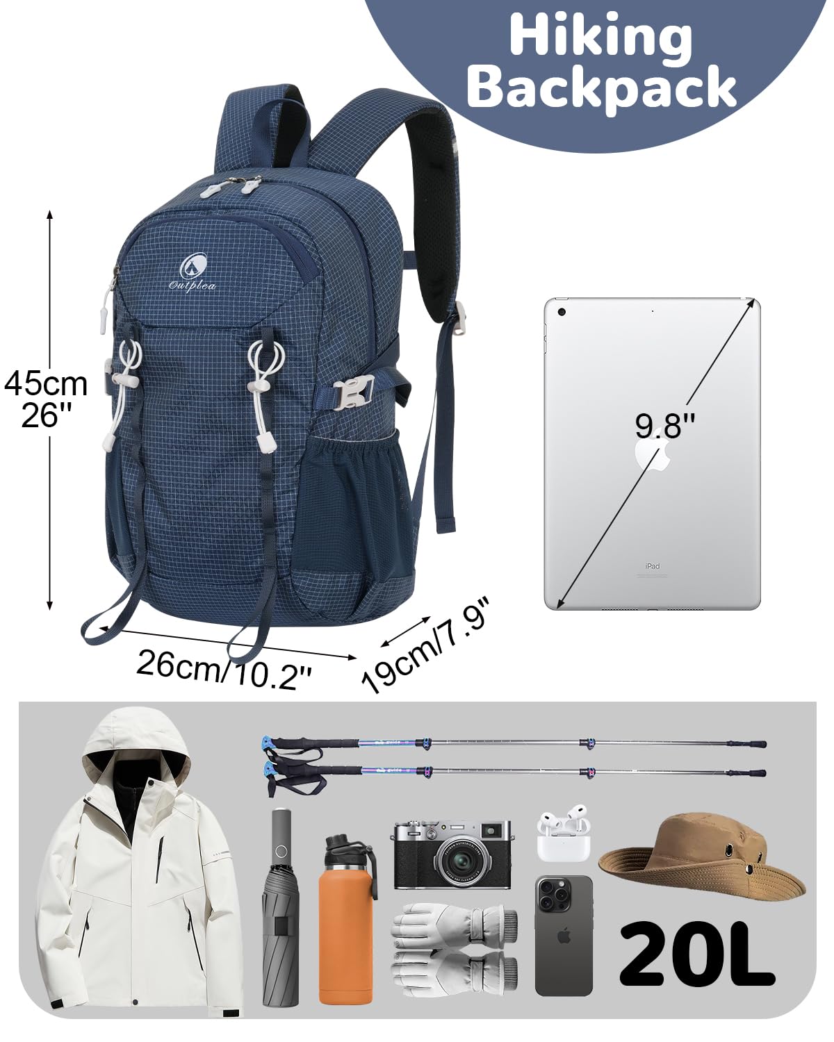 Sac à Dos de Randonnée 20L Homme Femme, Ultraléger Imperméable Durable pour Velo Voyager Etanche Moto Camping, Bleu