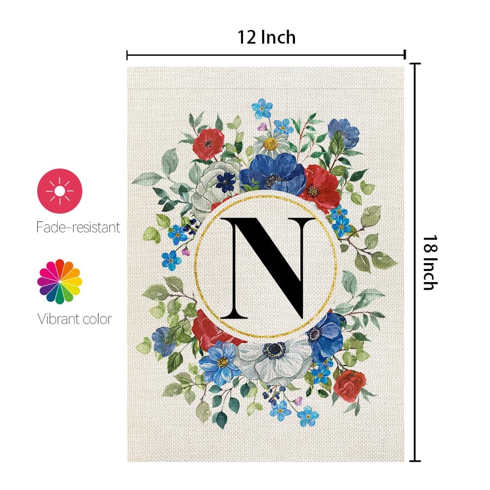 CROWNED BEAUTY 7月4日 モノグラム 文字N 愛国的な庭の旗 フローラル 12x18インチ 両面 記念 独立記念日 外