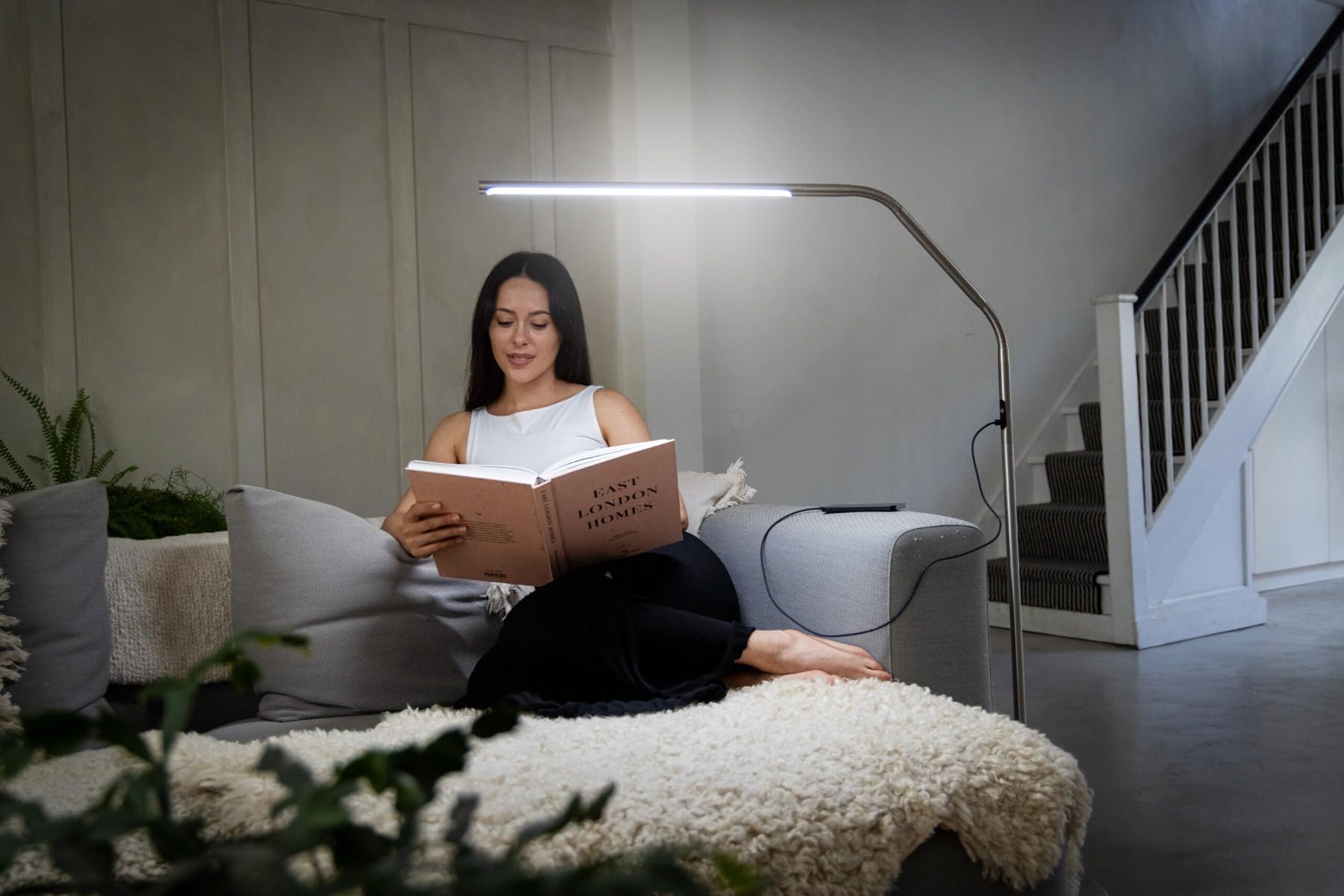 Daylight Slimline 4 LED Floor Lamp - 6,000K Daylight, 3,200 Lux, 4 Brightness Levels, USB-C Port for Fast Charging - Sleek Design, Anti-Glare Shade, Flexible Height Adjustment - Brushed Steel