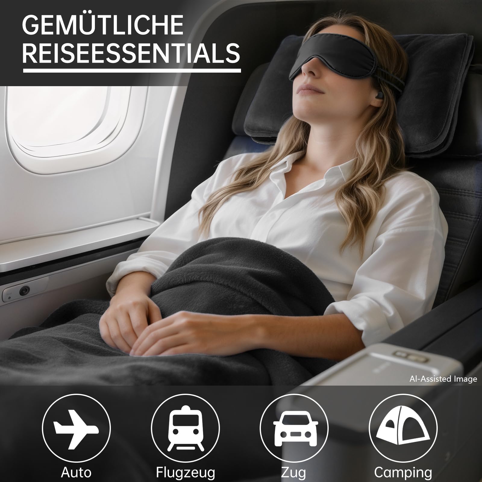 3 in 1 Reisedecke Ultraleicht und warm für Flugzeug und Auto - Tragbares aufblasbares Flugzeug Kissen mit Hülle, Gepäckhülle, Rucksackclip, Augenmaske und Ohrstöpseln(Schwarz)