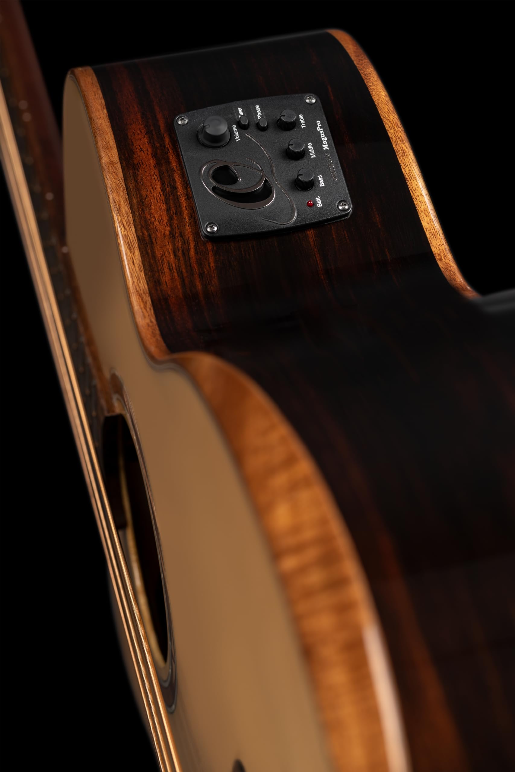 Ortega Guitars Bass Elektro-Akustisch Linkshänder – Medium Scale, mit Cutaway, Armrest – The Private Room Series – Massive Alaska Fichte / Gestreiftes Ebenholz, Hochglanz Natur (STRIPSU.ACB-L)