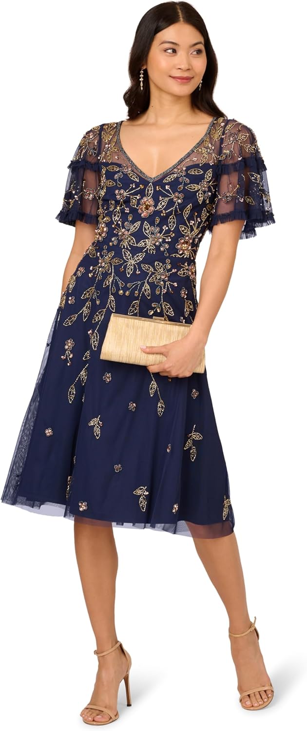 Adrianna Papell Women's Beaded Midi Dress, Navy Multi, 10 - Image 4