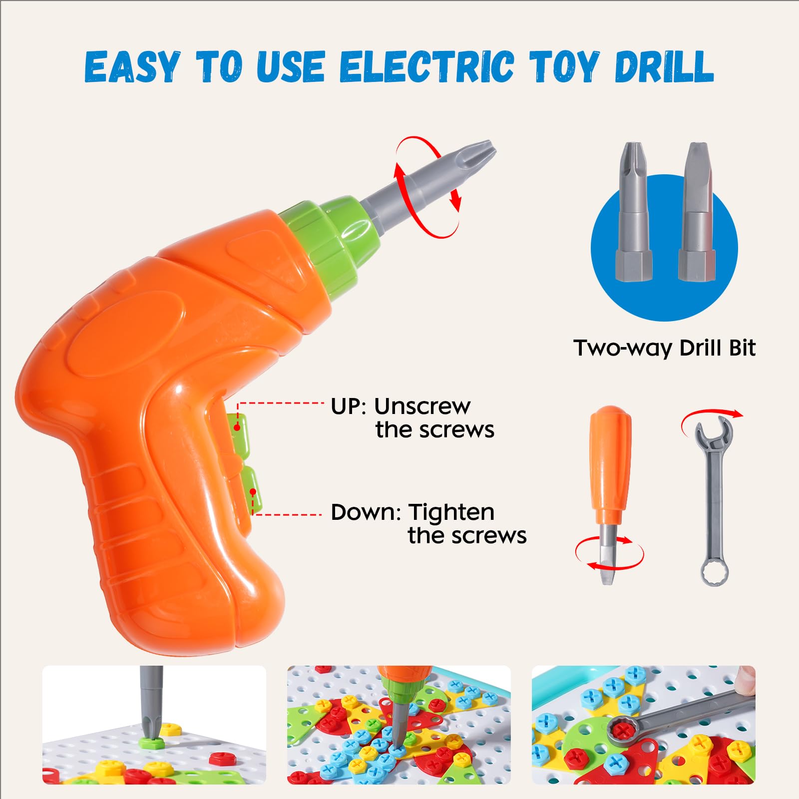 Ark miido Mallette à outils pour enfants avec perceuse, jeu d'emboîtement Montessori - Jouet éducatif créatif 3D - Puzzle mosaïque - Jeux à partir de 3, 4, 5, 6 ans - Pour garçons et filles