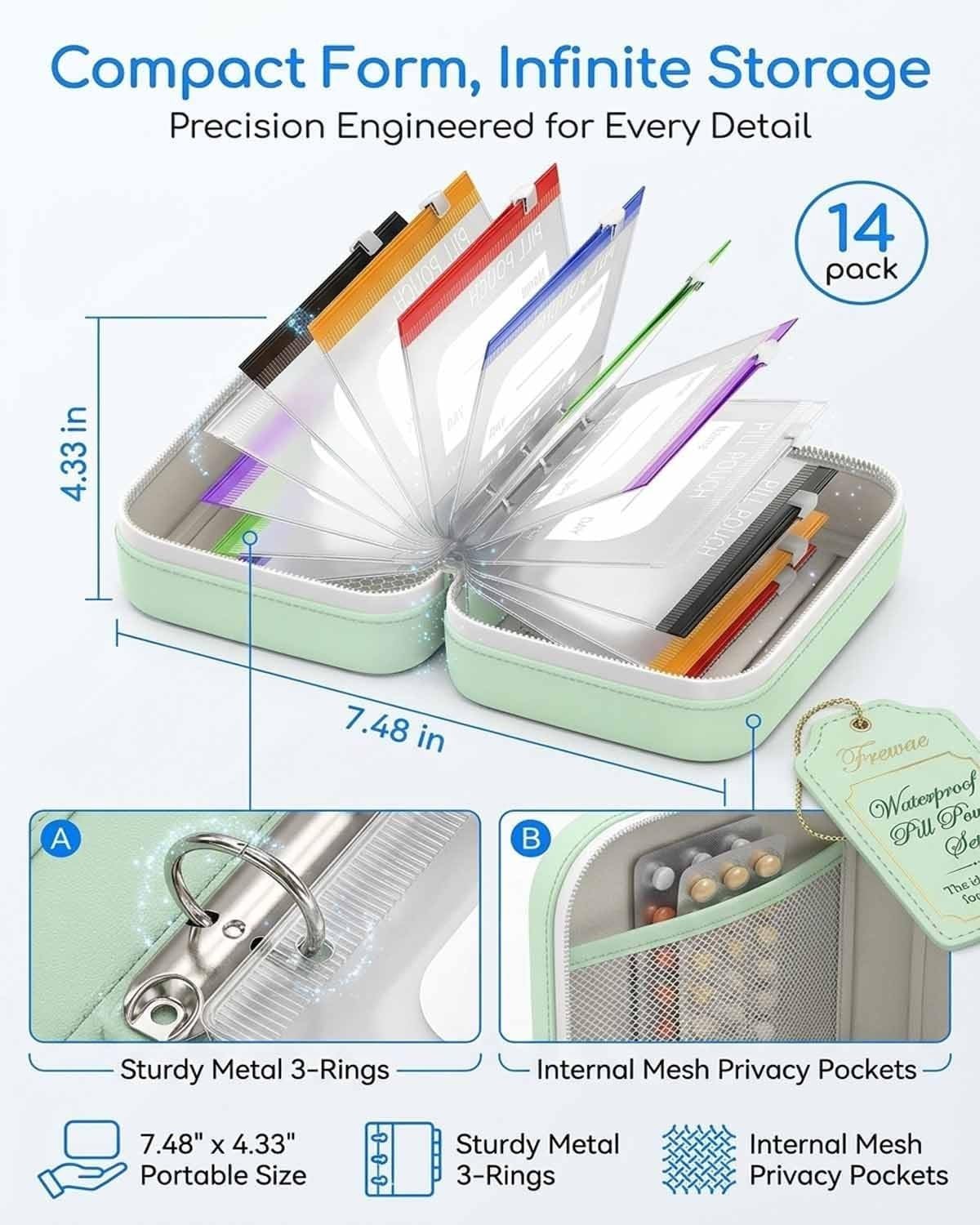 Waterproof Pill Organizer Set 14-Piece Travel Medicine Case Crush-Resistant Zippered Pouch