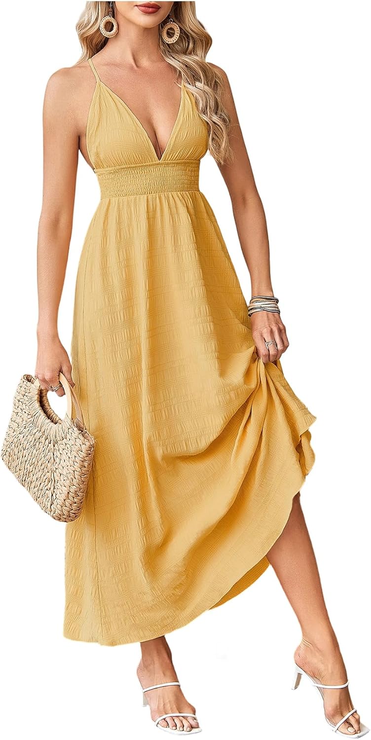 Milumia Women's Summer Smocked Cami Maxi Dress Boho V Neck Spaghetti Strap A Line Flowy Beach Long Sundress - Image 3