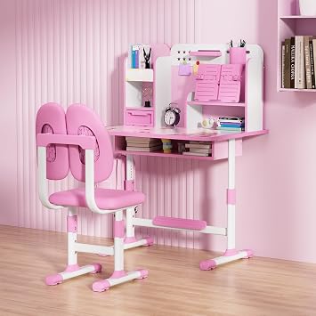 Kids Study Desk and Chair Set, Height Adjustable Kids Study Desk with Storage Drawer Bookstand,Ergonomic Desk for Kids with Desktop Children Study Desk Pink