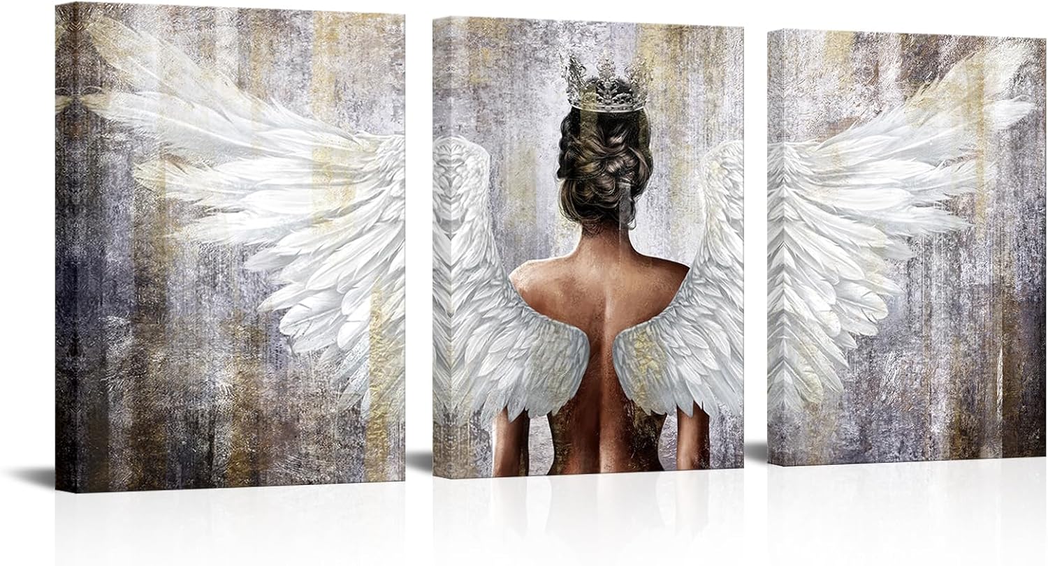 OuElegent Gold And Black Angel Wings Wall Art Canvas Prints Girl Wearing Crown Contemporary Artwork for Living Room Bedroom Decor Framed 12"x16"x3pcs (Black, Small)