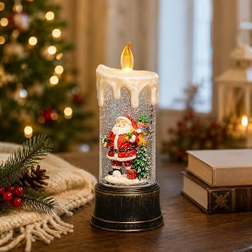 Snow Globe Candle with Santa by Moments in Time Lighted Water Spinning Christmas Decor 8 Battery Operated Tabletop Decoration Festive Holiday Home Accent Gift