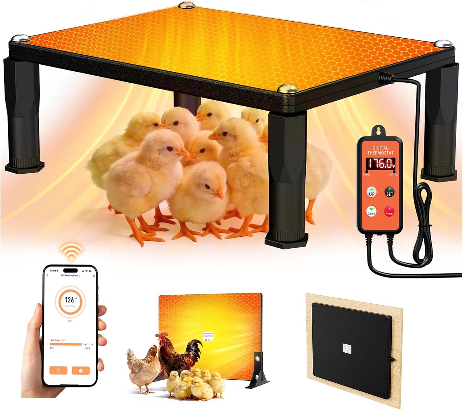 Brooder Heater for Chicks,Chicken Brooder with APP & Thermostat,Smart Chicken Coop Heater with Adjustable Temp (41~176℉) & 24H Timer,120 Watts Radiant Heat Flat Panel Heaters for Winter