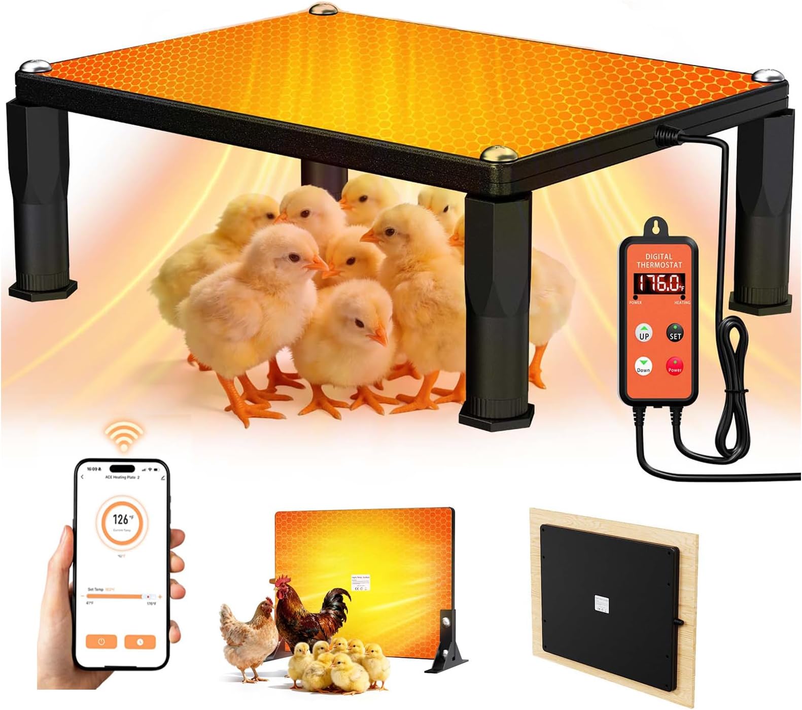 16" x 12" Chicken Brooder Heater with APP & Thermostat,Brooder Plate for Chicks with Adjustable Height & Angle,120 Watts 2-in-1 Chicken Coop Heater with Adjustable Temp (41~176℉) & 24H Timer