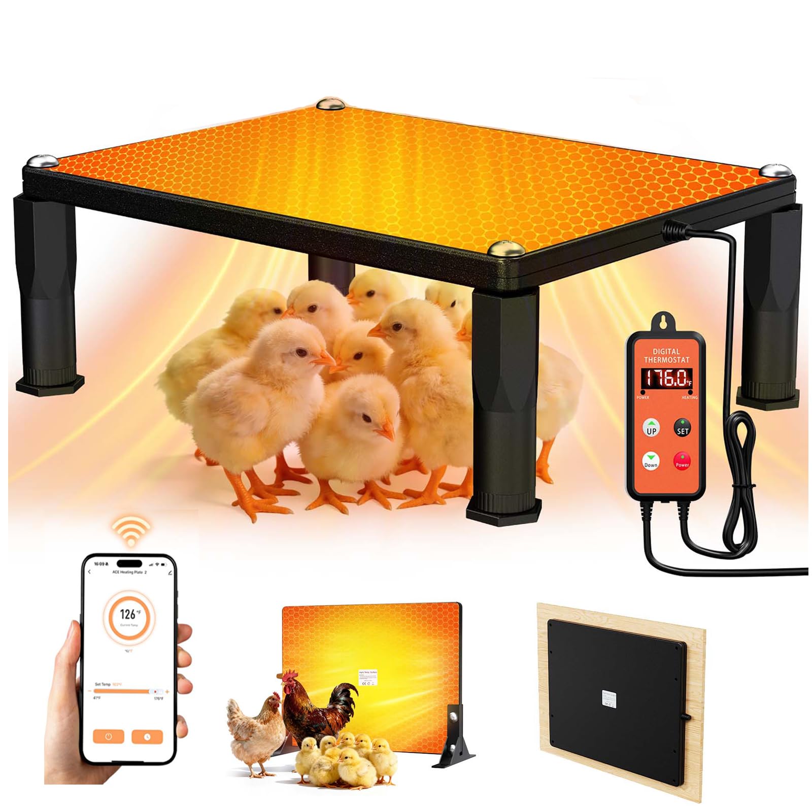 16" x 12" Chicken Brooder Heater with APP & Thermostat,Brooder Plate for Chicks with Adjustable Height & Angle,120 Watts 2-in-1 Chicken Coop Heater with Adjustable Temp (41~176℉) & 24H Timer