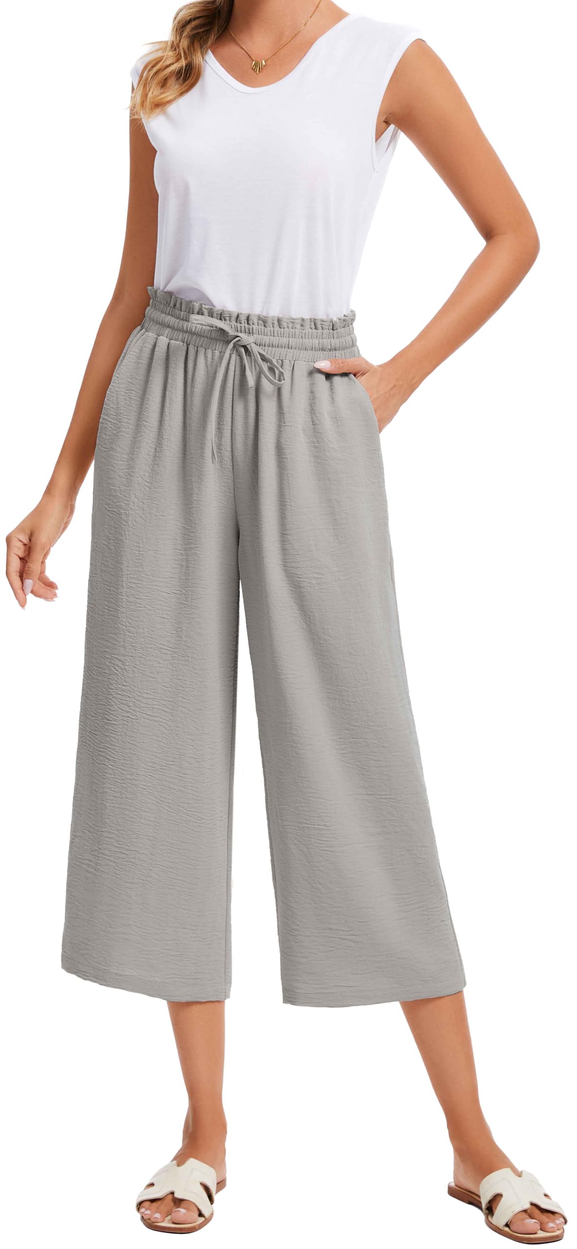 Damskie Spodnie Letnie 3/4 Culotte Wysoki Stan z Falbanką Elastyczną Talią Lekkie Oddychające Spodnie Capri z Kieszeniami dla Kobiet