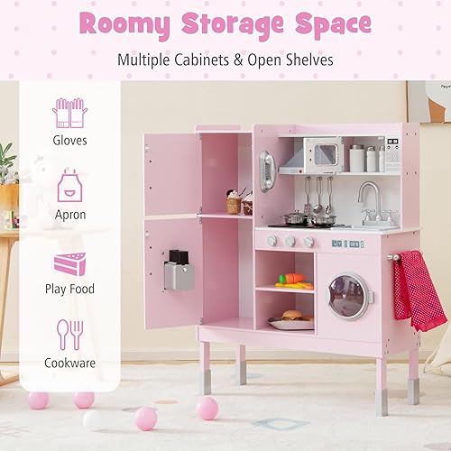 Miniatura 5 de HONEY JOY Juego de cocina rosa para niños, cocina de madera para niños pequeños, microondas, utensilios de cocina, lavadora, campana extractora,