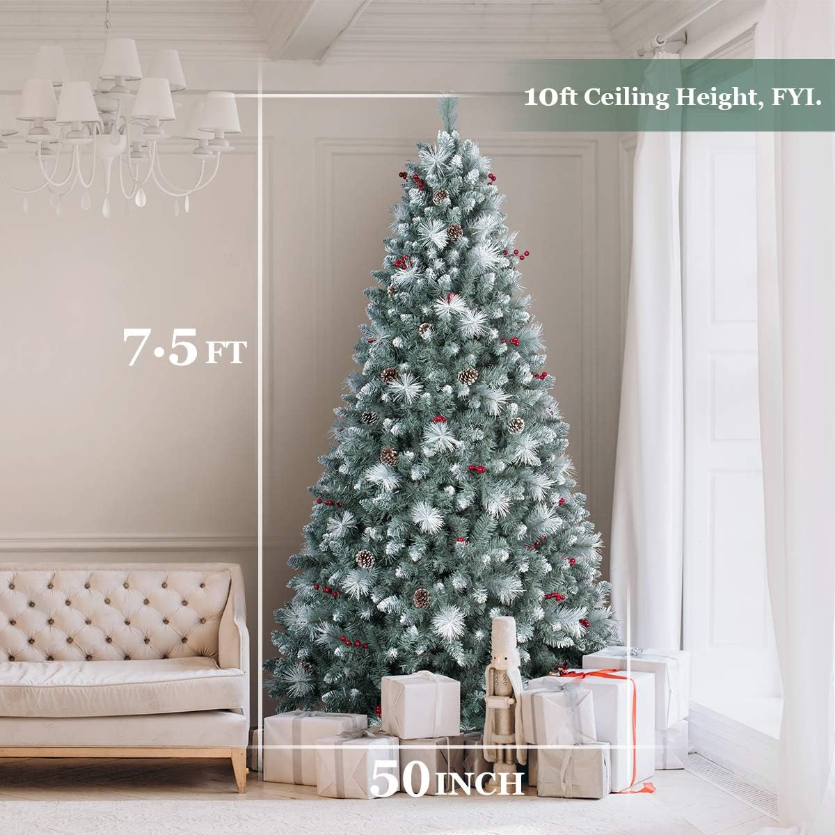 7.5ft Pre-Lit Christmas Tree, ANOTHERME 650 Warm Lights UL Certified, Pinecones &Berries Hinged Artificial Trees Flocked Holiday Decor - Blue/Green/White