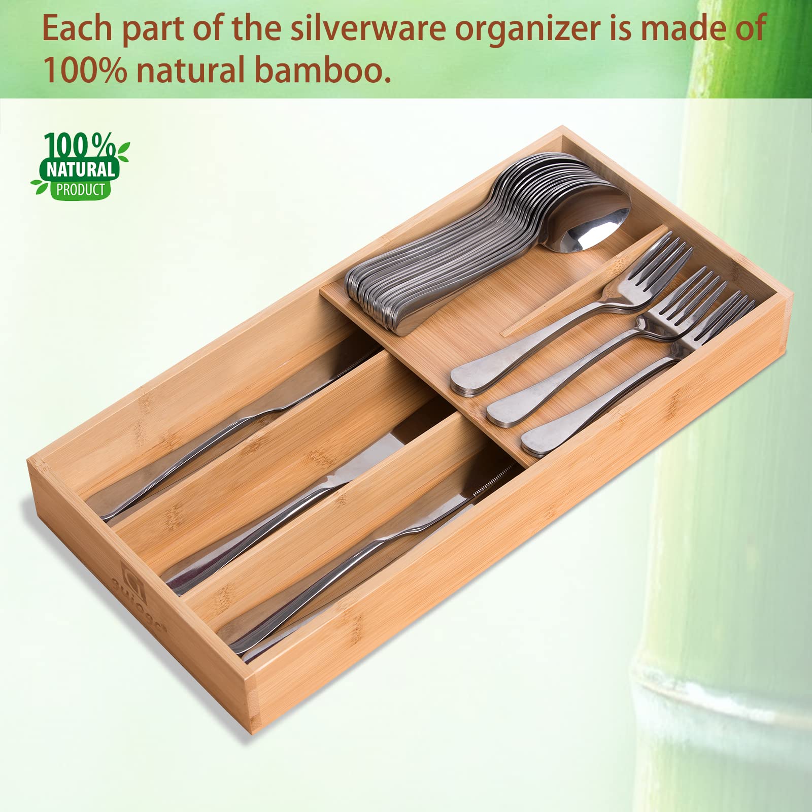 guiogc Organizer per posate in bambù, organizer per cassetti per posate da cucina, vassoio per utensili, vassoio per cucchiai, forchette, coltelli