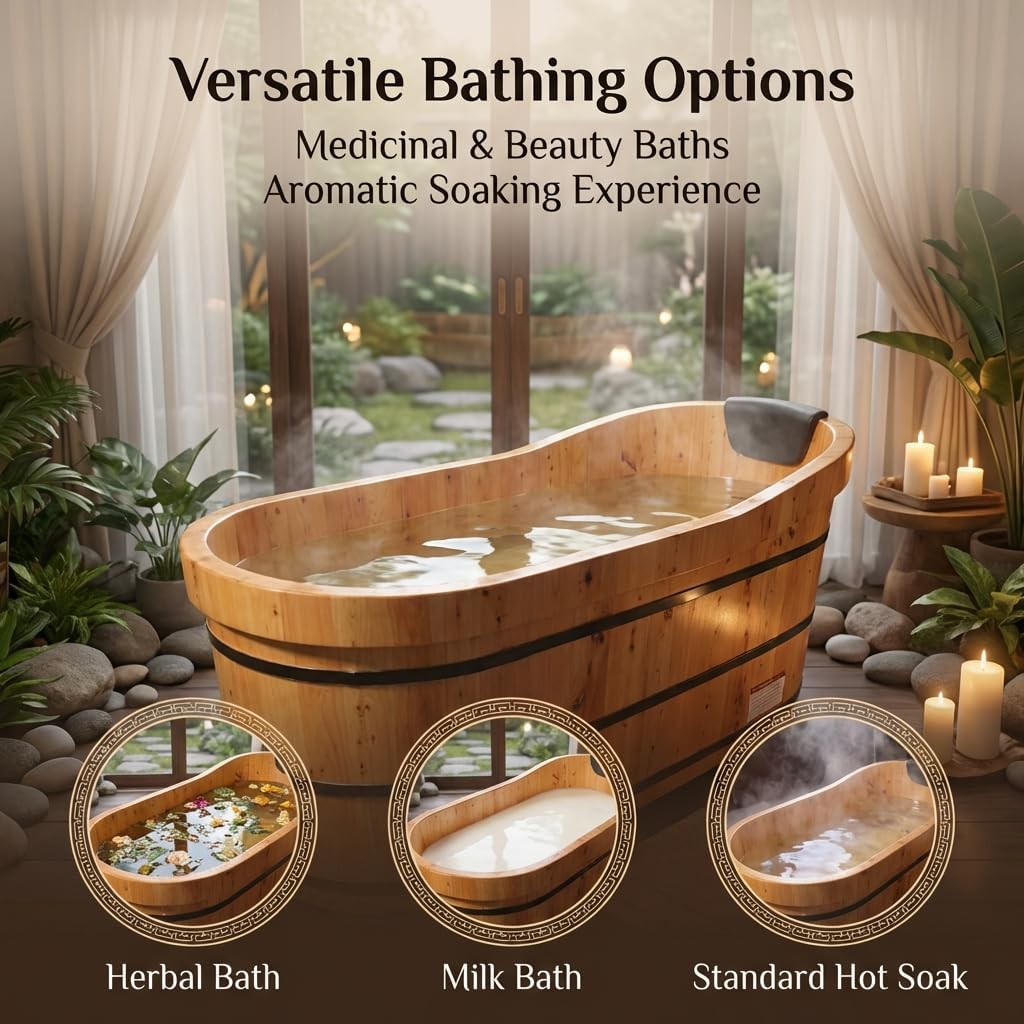 Multiple Sizes Soaking Tub Cedar Wood To Make An Adult Wooden Bathtub With Multiple Accessories To Combine Bathing Japanese Wooden Bathtubs (Natural Wood Color - Standard Package, 62 IN)