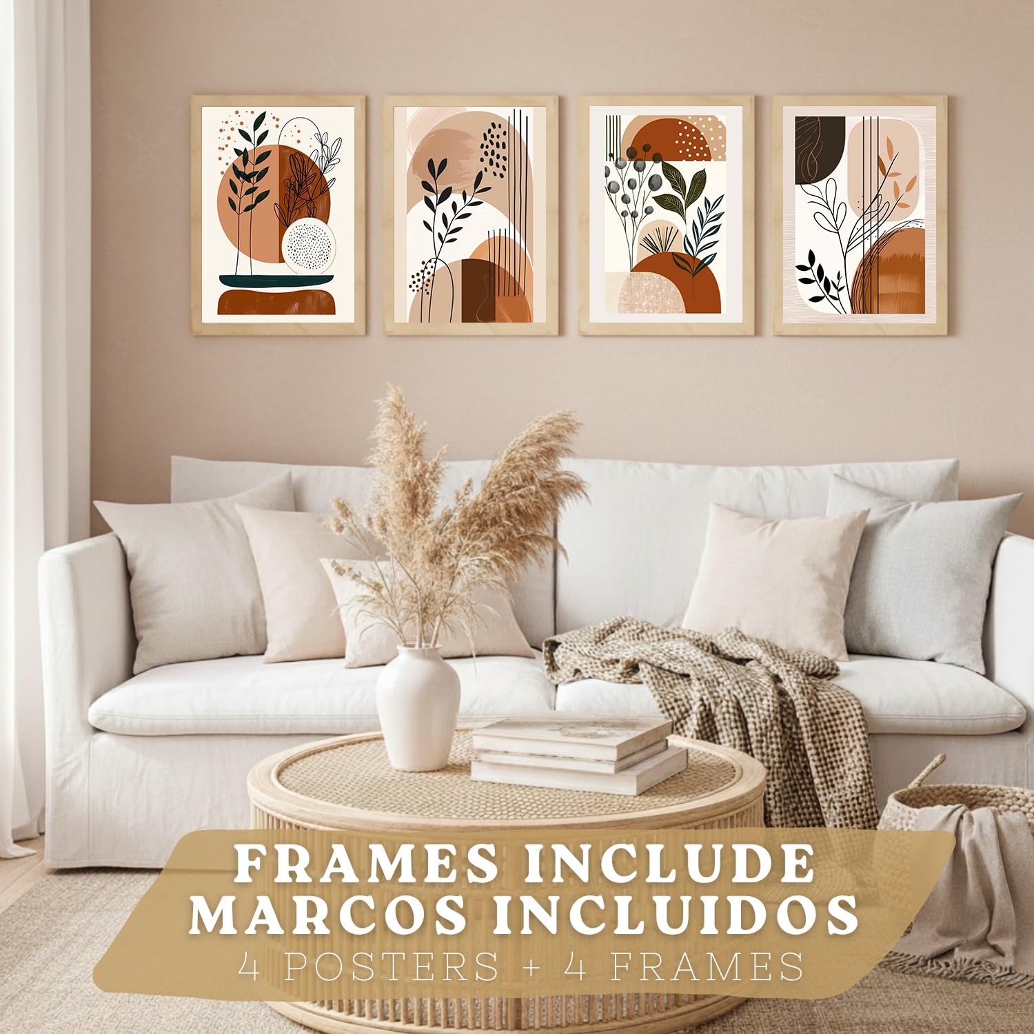 Nacnic Set De 4 Laminas Decorativas Formas Abstractas Botanicas Cuadros Salon Modernos - Posters Decorativos Plantas Marrones Decoración Dormitorios Cocina Baño A3 Marco Madera Clara