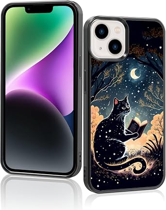 Black Whimsical Cat Phone Case Compatible with iPhone 14 13 12 11 Plus Pro Max Mini Xr Xs Max,Moon Cat iPhone Case Shockproof Cute Black Cat Phone Cover Gift for Boy Girl Men Women