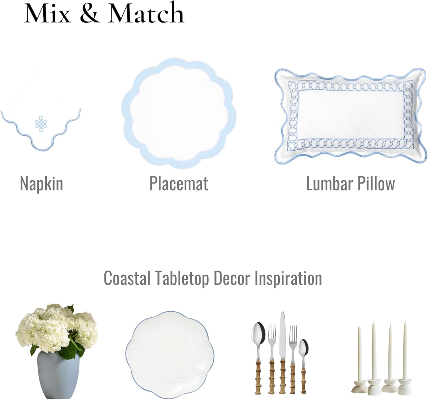 Hofdeco Premium Coastal Patio Indoor Outdoor Placemat Set of 4, 16 Inch Double-Layered, Waterproof Cloth Placemat for Kitchen or Dining Table. Baby Blue Embroidered Solid