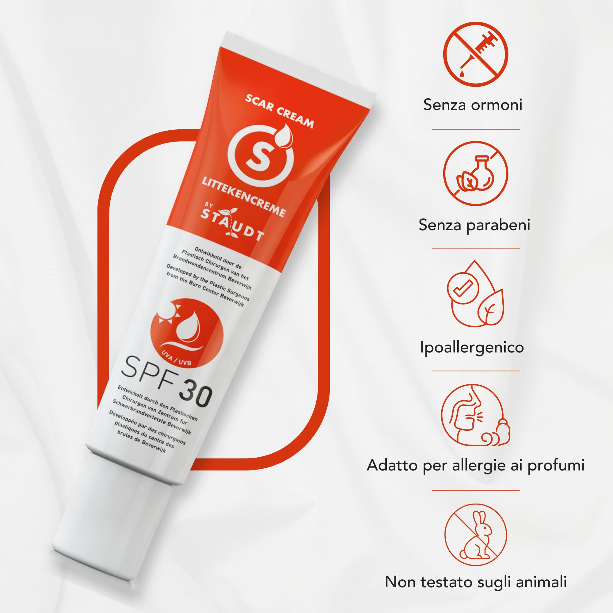 Crema per Cicatrici Staudt Premium con SPF30 - Gel di Silicone Avanzato per Cicatrici Chirurgiche e Vecchie - Formula Idratante con Miele e Jojoba - Ripara la Barriera Cutanea con Protezione UV - 40ml
