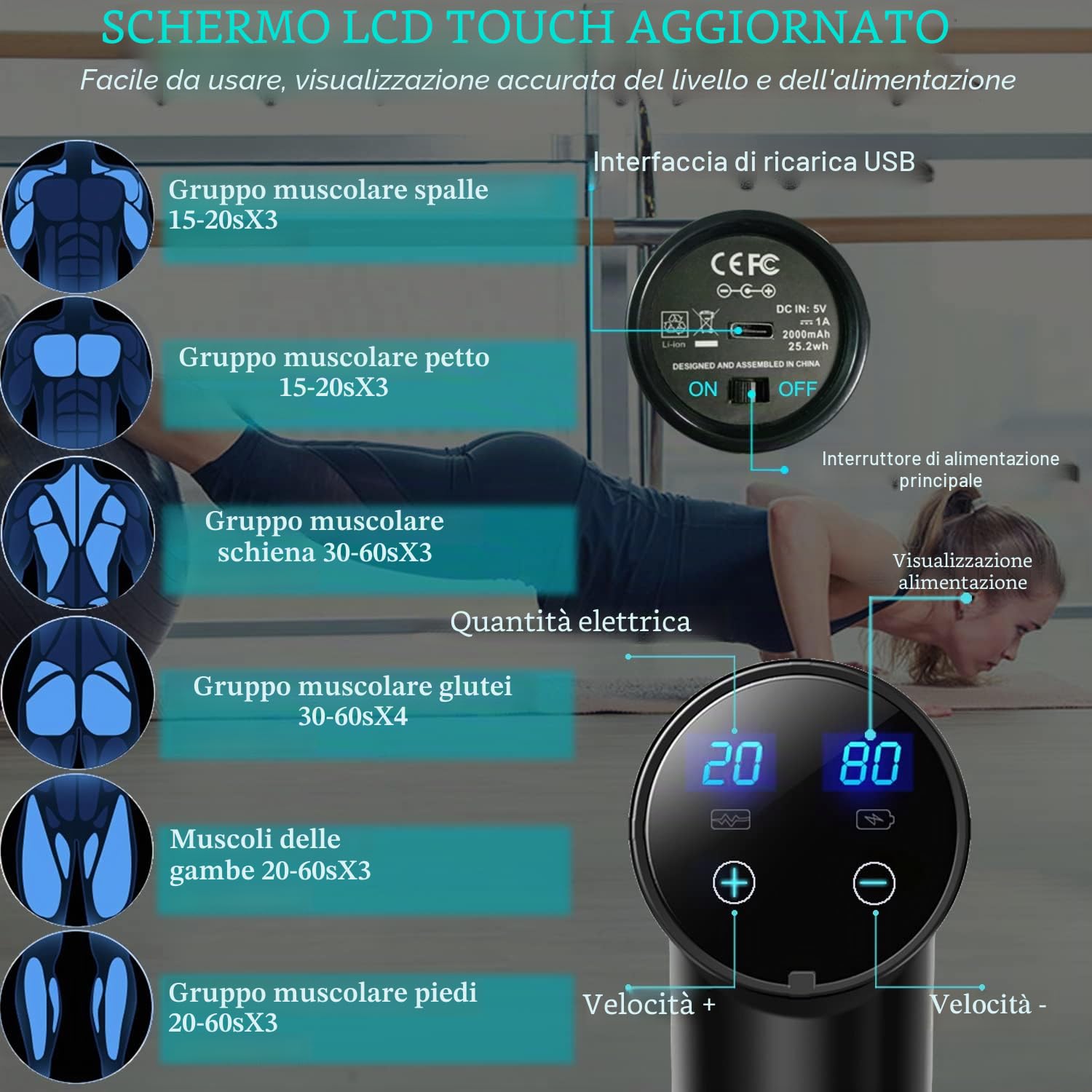 Pistola de Masaje de Tejido Profundo, Masajeador de Percusión para Atletas Pistola de Masaje Muscular para Alivio del Dolor con 10 Cabezales de Masaje y 20 Velocidades (Negro Mate)