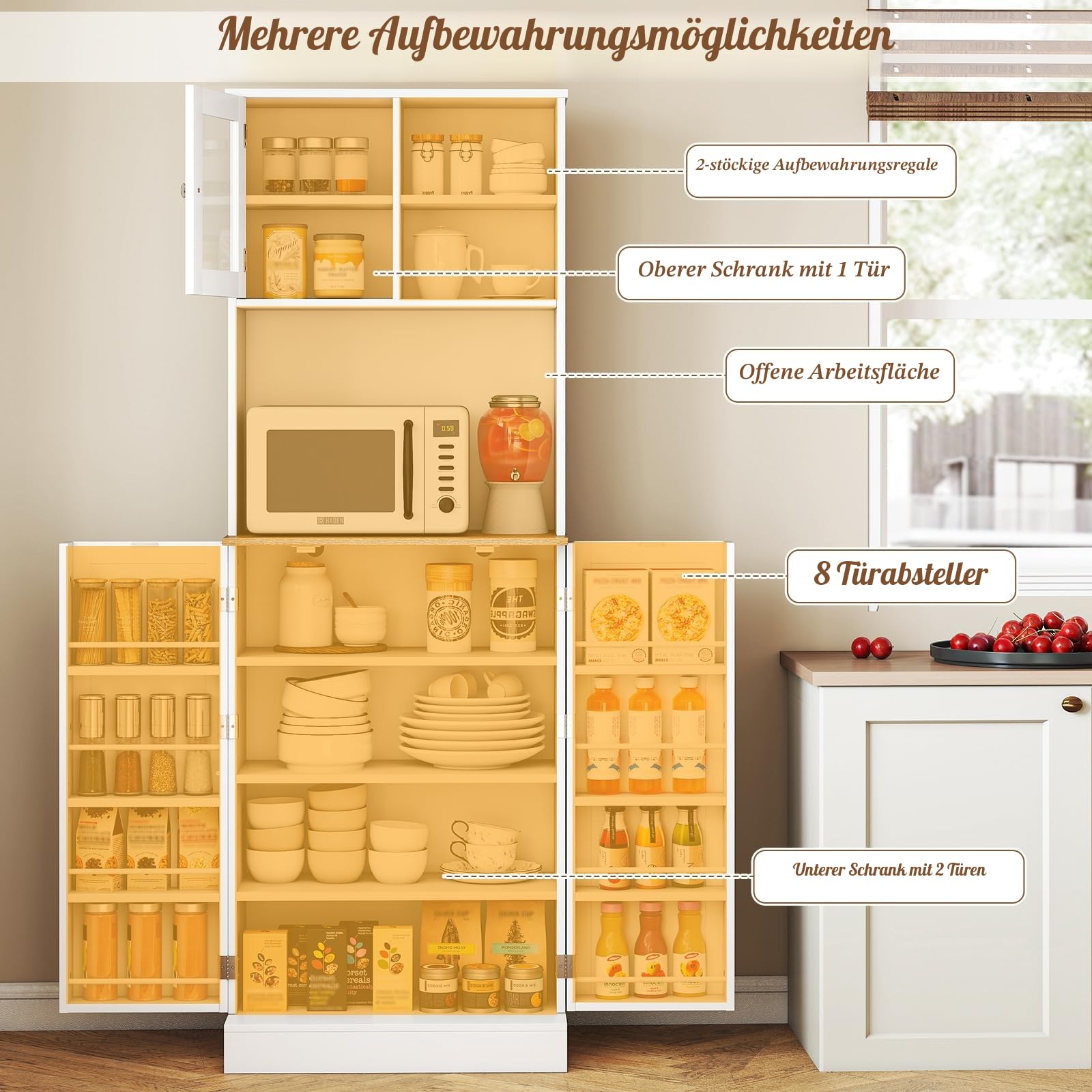 KOMFOTTEU Hohe Küchenschrank 170 cm mit verstellbaren Regalen, Buffetschrank mit Kabellöchern, Tür aus gehärtetem Glas, Buffet für Wohnzimmer, Esszimmer, Mehrzweckschrank 60 x 35 x 170 cm, Weiß