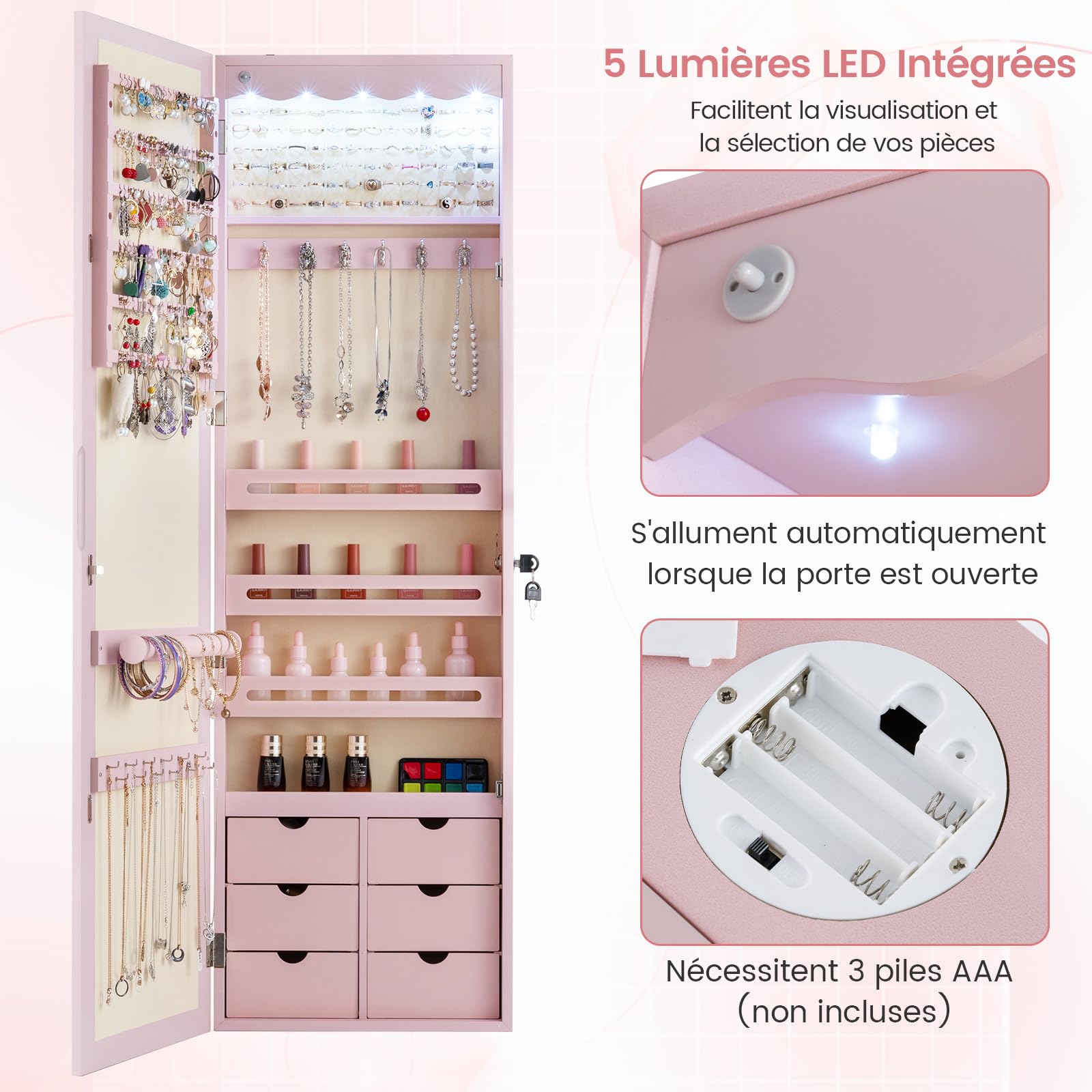 RELAX4LIFE Armoire à Bijoux Murale avec Miroir, 5 Lumières Automatiques, Miroir Rangement Bijoux avec 6 Tiroirs pour Boucles d'Oreilles Colliers Cosmétiques (Rose | Tiroir en MDF)