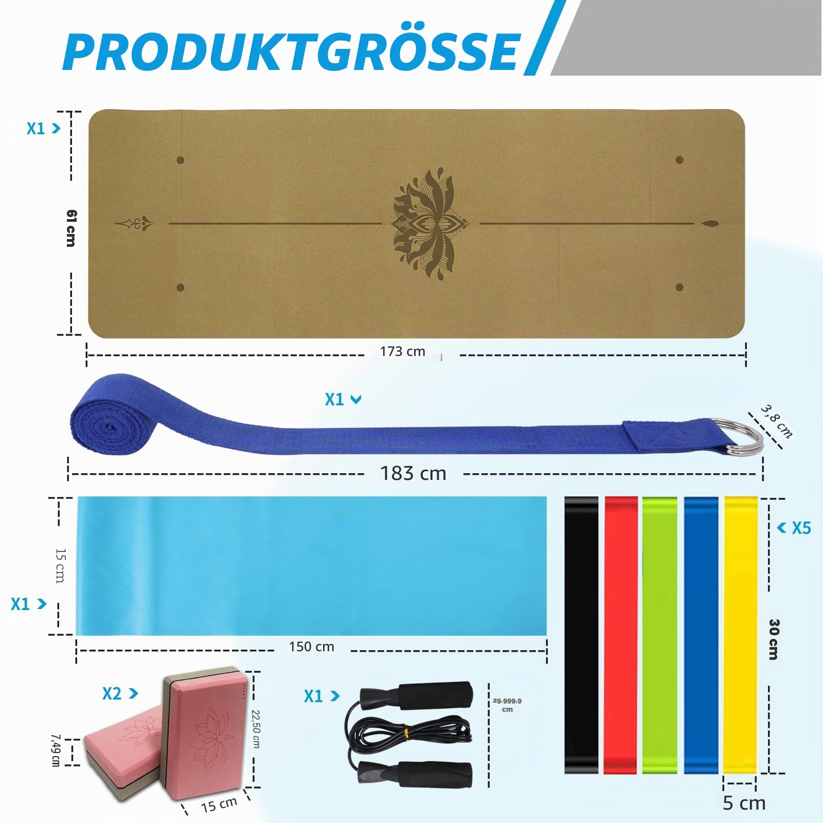 Yoga Matte Strater Set Blöcke Gürtel Springseil Widerstand Band Widerstand Schleife 7-in-1