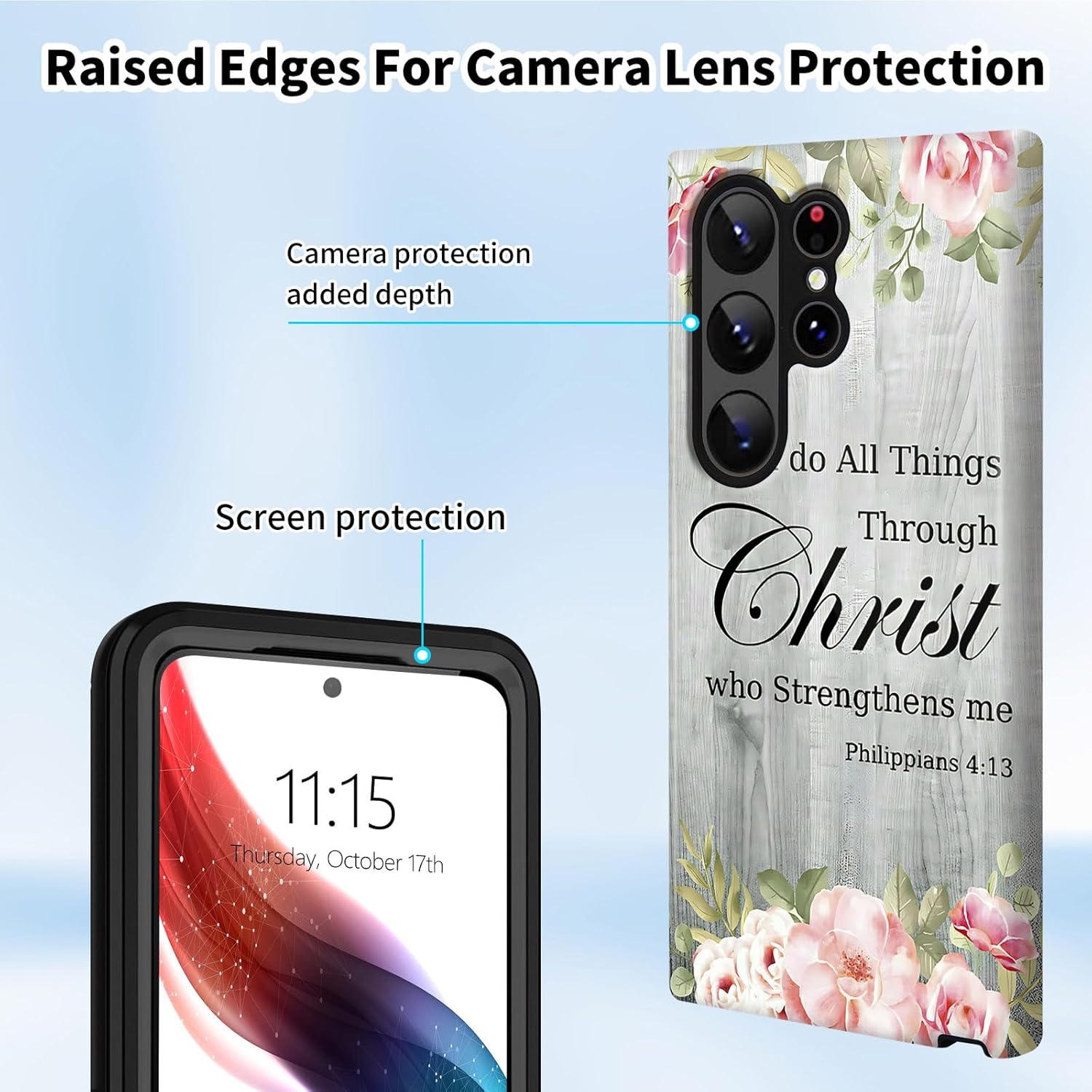 for Samsung Galaxy S25 Ultra 5G Phone Case with Screen Protector Bible Verse Philippians 4-13 Design Women Men Dual Layer Hard PC Shell Soft TPU Silicone Wireless Charging Shockproof Protective Cover - Image 4