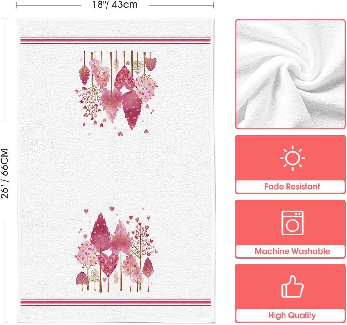 Artoid Mode Pink Love Heart Tree Happy Valentine's Kitchen Towels Dish Towels, 18x26 Inch Anniversary Wedding Decoration Cleaning Set of 2 - Image 2