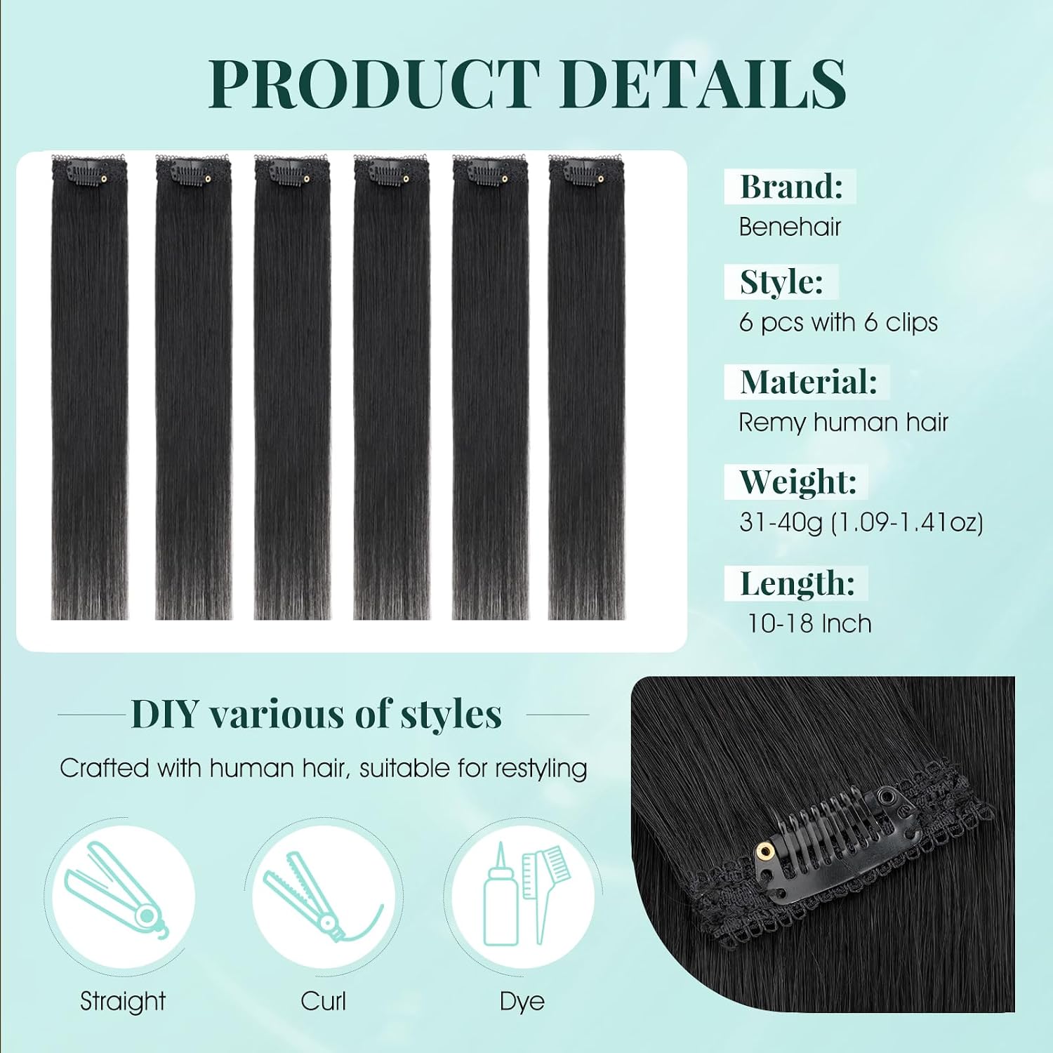 Benehair 6 PCS Clip in Short Hair Extensions 100% Real Human Hair Seamless & Invisible for Women Instant Volume Highlight Length for Daily Use 10'' Jet Black#01