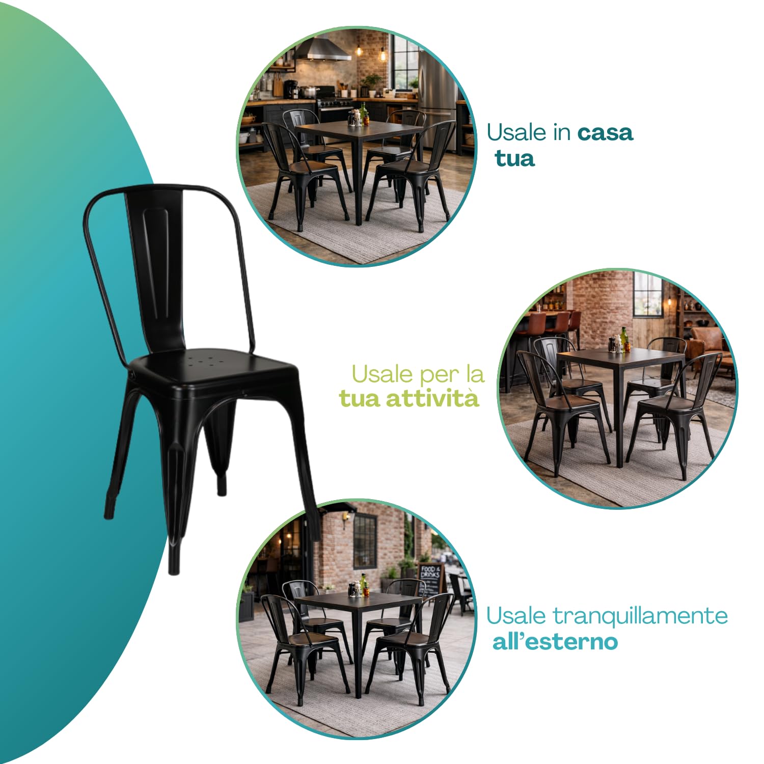 PALUPLUS Set 4 Sedie Industry in metallo di colore Nero, Misura 45x40x85 cm, Sedia da pranzo con Schienale, Impilabili e con Gommini Antiscivolo, per Esterno ed Interno, Portata Max 150 Kg -16 - F