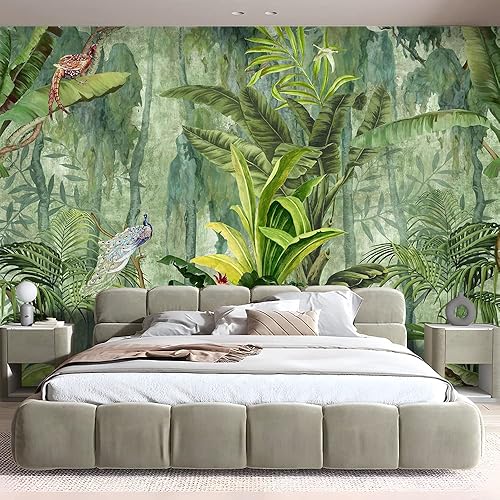 Miniatura 4 de Papel tapiz de bosque tropical de selva tropical de 151 x 105 pulgadas, papel tapiz 3D de hoja de plátano botánico, autoadhesivo, pavo real, pájaro,