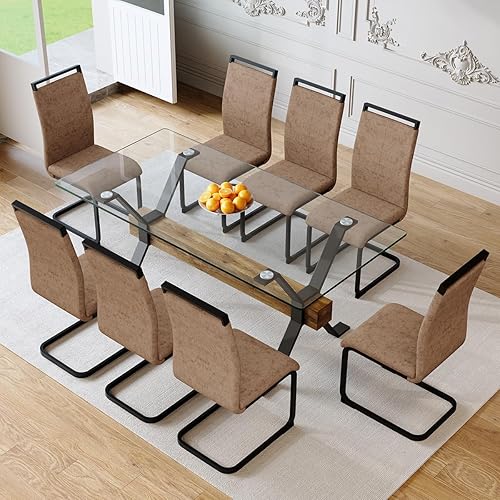 Miniatura 36 de Juego de mesa de comedor de cristal de 71 pulgadas para 6 personas | Juego de mesa de comedor moderno para 6 con sillas de piel sintética | Mesa de