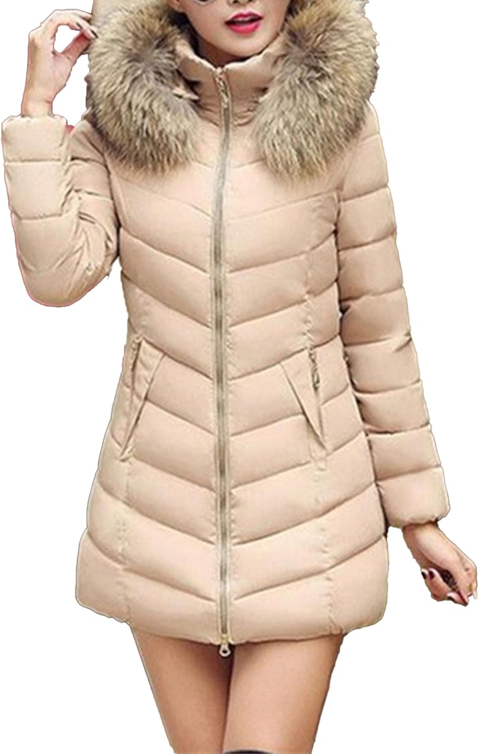 JEsilunmaMY Women's Slim Cotton Puffer Jacket Mid Length Fur Hood Winter Down Coats Solid Color Windproof Quilted Jacket
