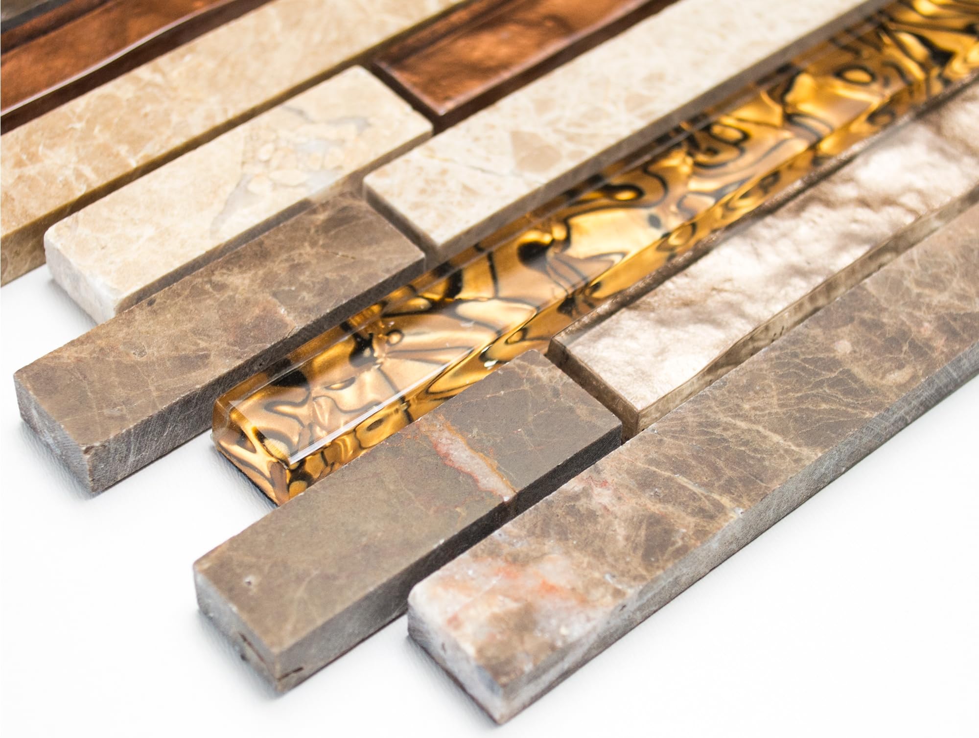 Glasmosaik Verbund Crystal/Marmor mix beige/braun Naturstein Fliesenspiegel, Mosaikstein Format: 15x48/98/148x8 mm, Mattengröße: 298x338 mm, 10 Matten
