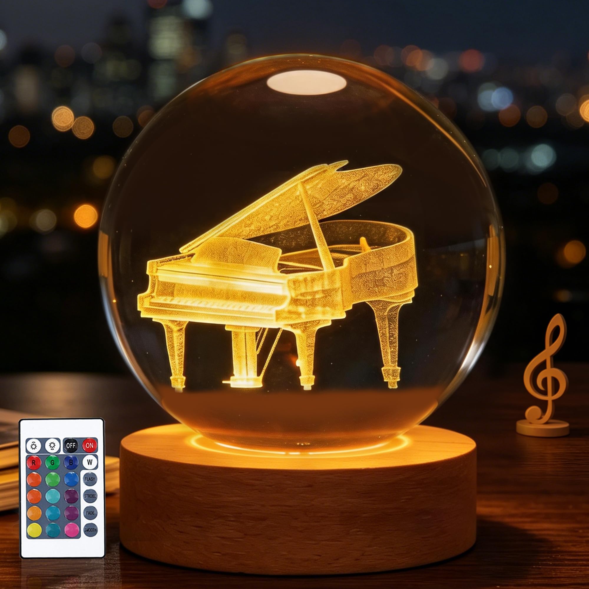 OkiyiD Piano Night Light Crystal Ball 3.15 Inch (80mm) Lamp with 16 Colors, Piano Gifts for Women Kids Music Lovers Birthday Xmas, Room Decor Accessories Ornaments for Bedroom Desk Music Room