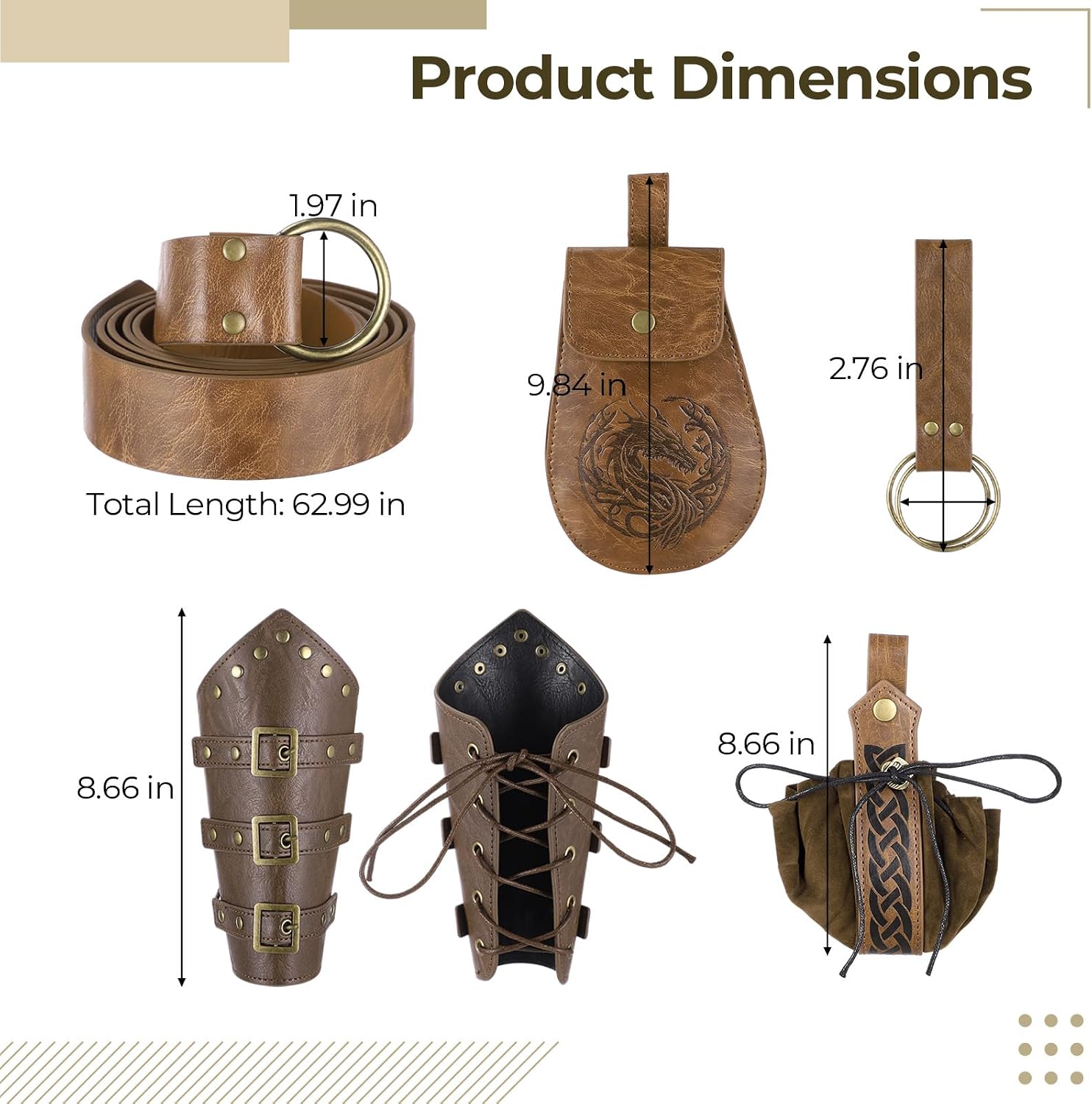 6 Pcs Renaissance Costume Accessories Set, 63 in Medieval Belt, Embossed Dragon Pouch & 8.7 in Bracers, Viking Pirate Outfit for Halloween Cosplay & Festivals Brown