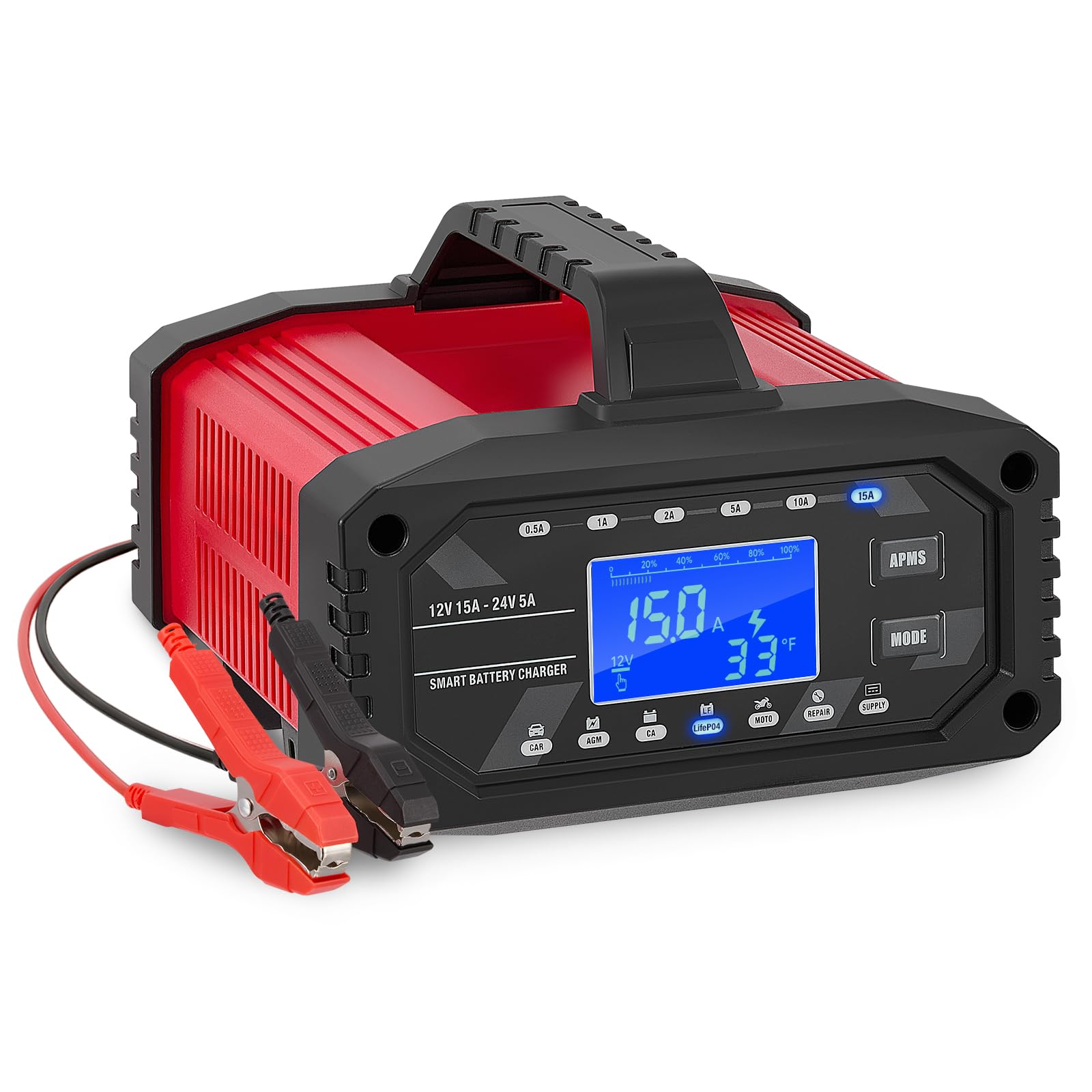 Cargador de baterías para automóviles de 15A, cargador de 12V/24V con 10 niveles, modo de reparación y compensación de temperatura, cargador inteligente para batería de automóviles, motocicletas (15A)