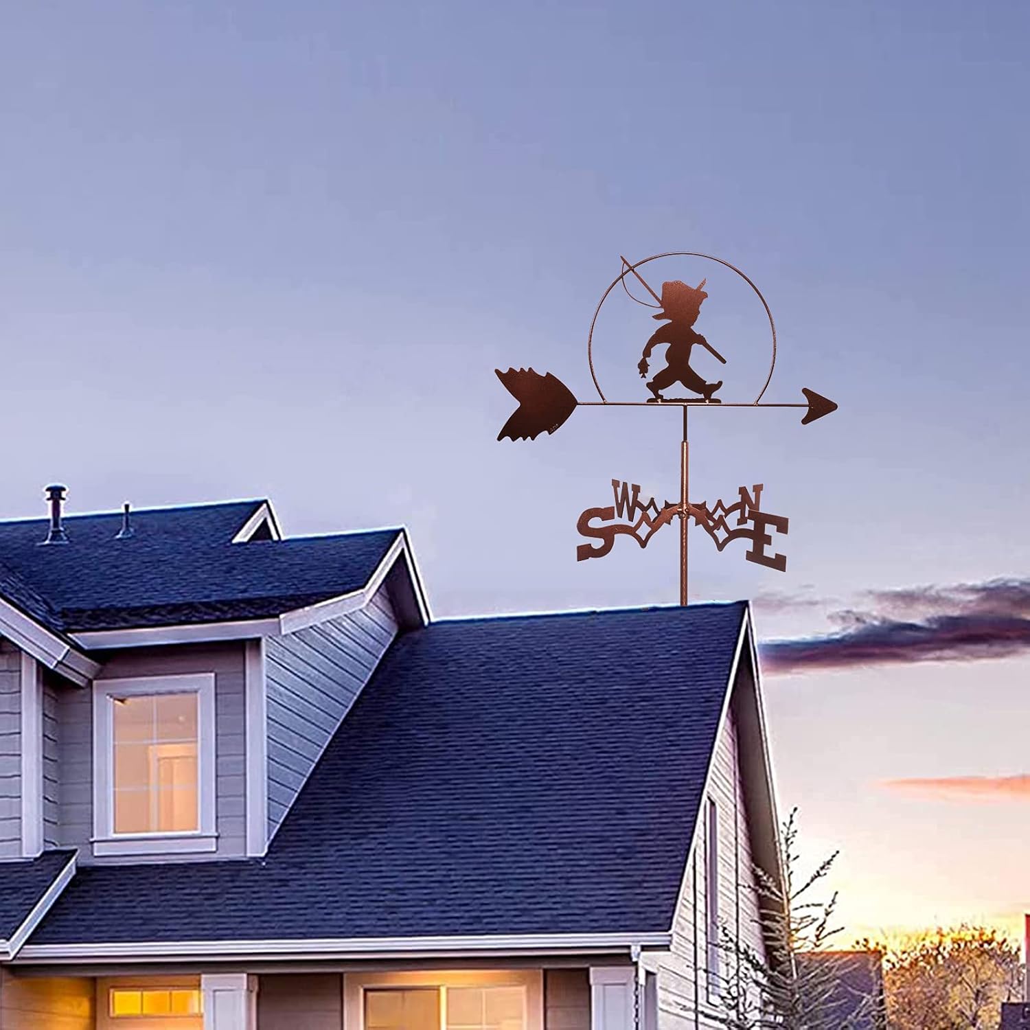 風向計、風見鶏、アングラーシルエットオーナメント付きメタルクラフト ルーフマウント 風向インジケーター プロフェッショナル測定ツール