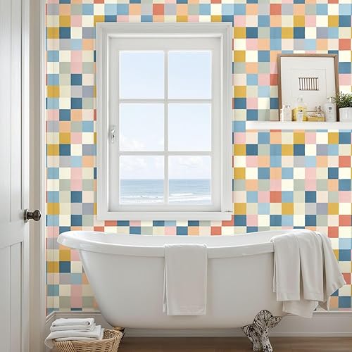 Miniatura 7 de Peel and Stick Wallpaper Checkered Seamless pastel colors Retro geometric squared mosaic Great Wall Contact Paper 17.7"x118" Waterproof Self