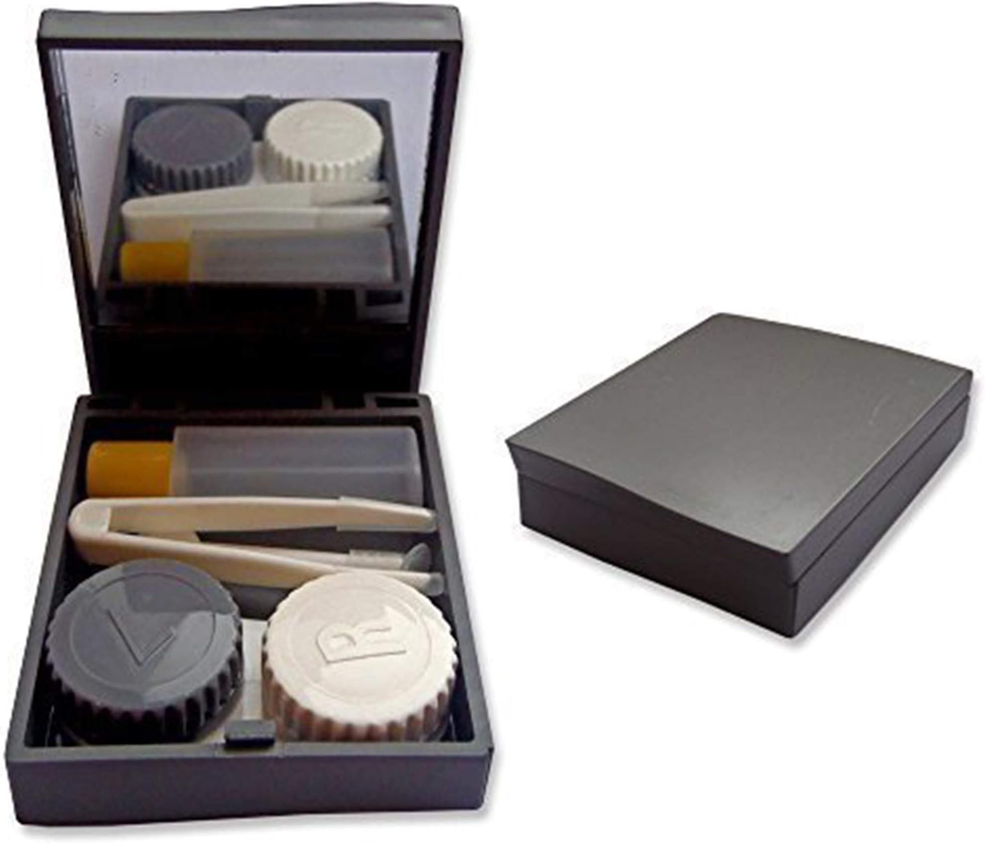 Contact Lens Travel Kit Case ~ Mirror Tweezers & Solution Storage Set for Lenses (Grey)