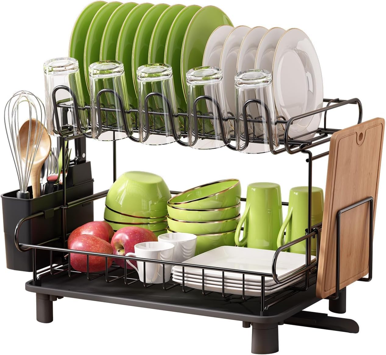 MAJALiS - Escurridor de Trastes Acero Inoxidable 304, Escurridor de Platos Grande de 2 Niveles con Drenaje, Estante de Almacenamiento para Cubiertos de Cocina，Viene con Almohadilla de Secado (Plata)