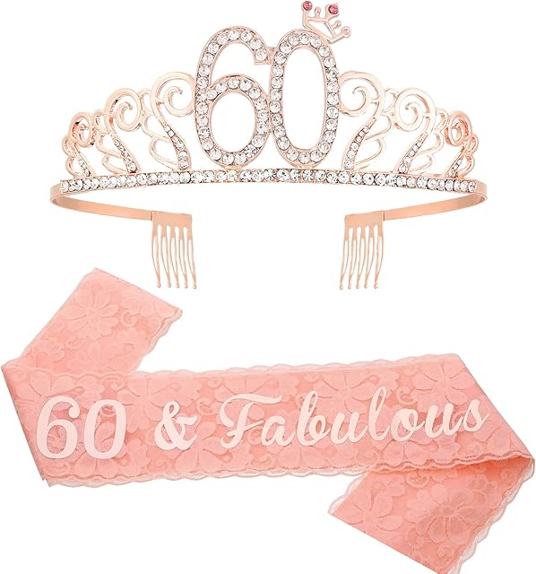 Rose Gold 60th Birthday Sash and Birthday Tiara Rhinestone Crown Headband for 60 Birthday Gift Party Accessories 60th Birthday Decoration Girls Women