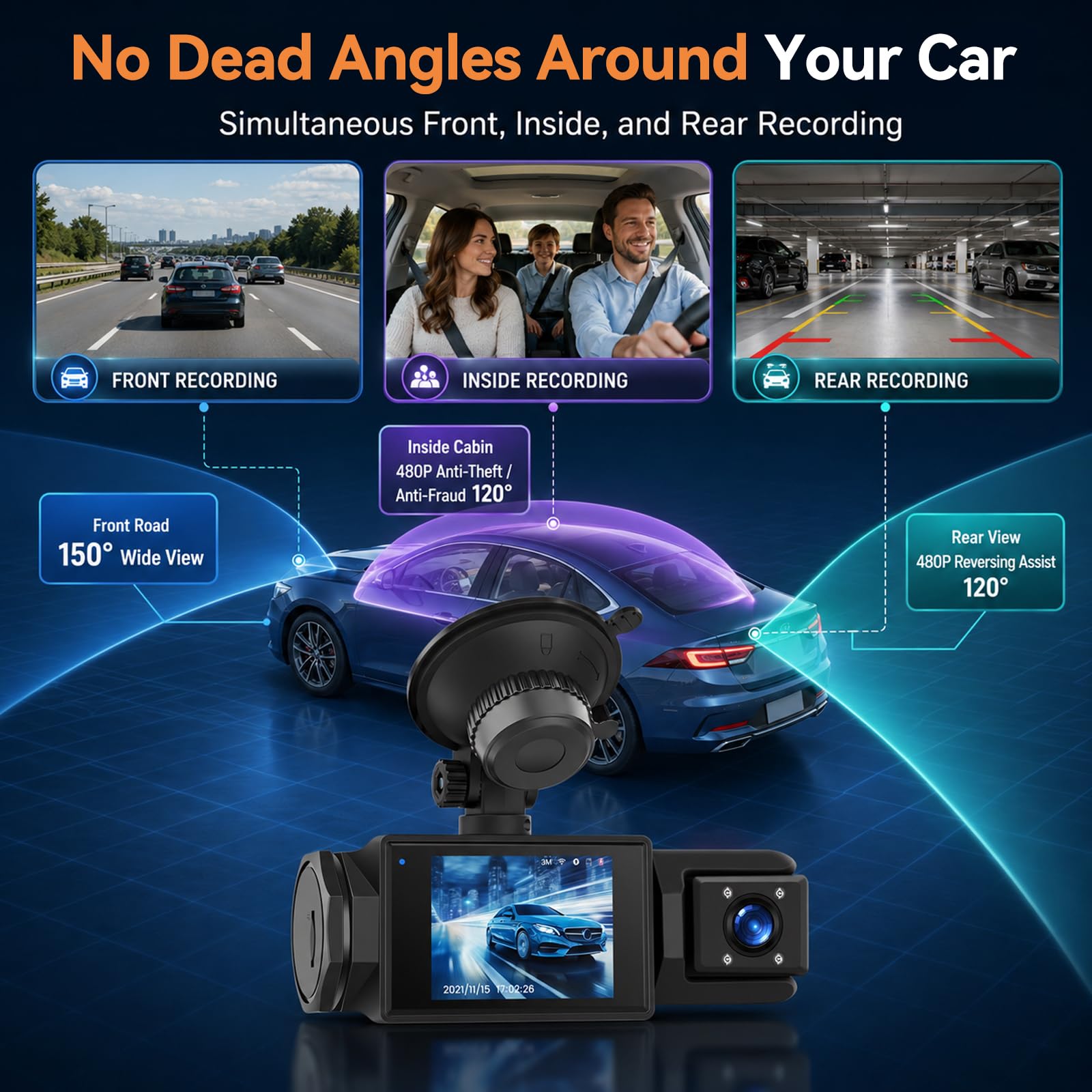 Dashcam 3 Canali Full HD, Mini Camera Auto con WiFi, App, Sensore Movimento | Display IPS 2" con Visione Notturna Avanzata WDR, Registrazione in Loop, Wi-Fi App Viidure, Monitoraggio Parcheggio H24