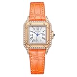 New Square Watches for Women with Roman Numerals,Fashion Ladies Dress Watch,Rose Gold Case&Champagne-Colored Dial,Easy Read,Orange Leather Strap, Waterproof,Gift for Her