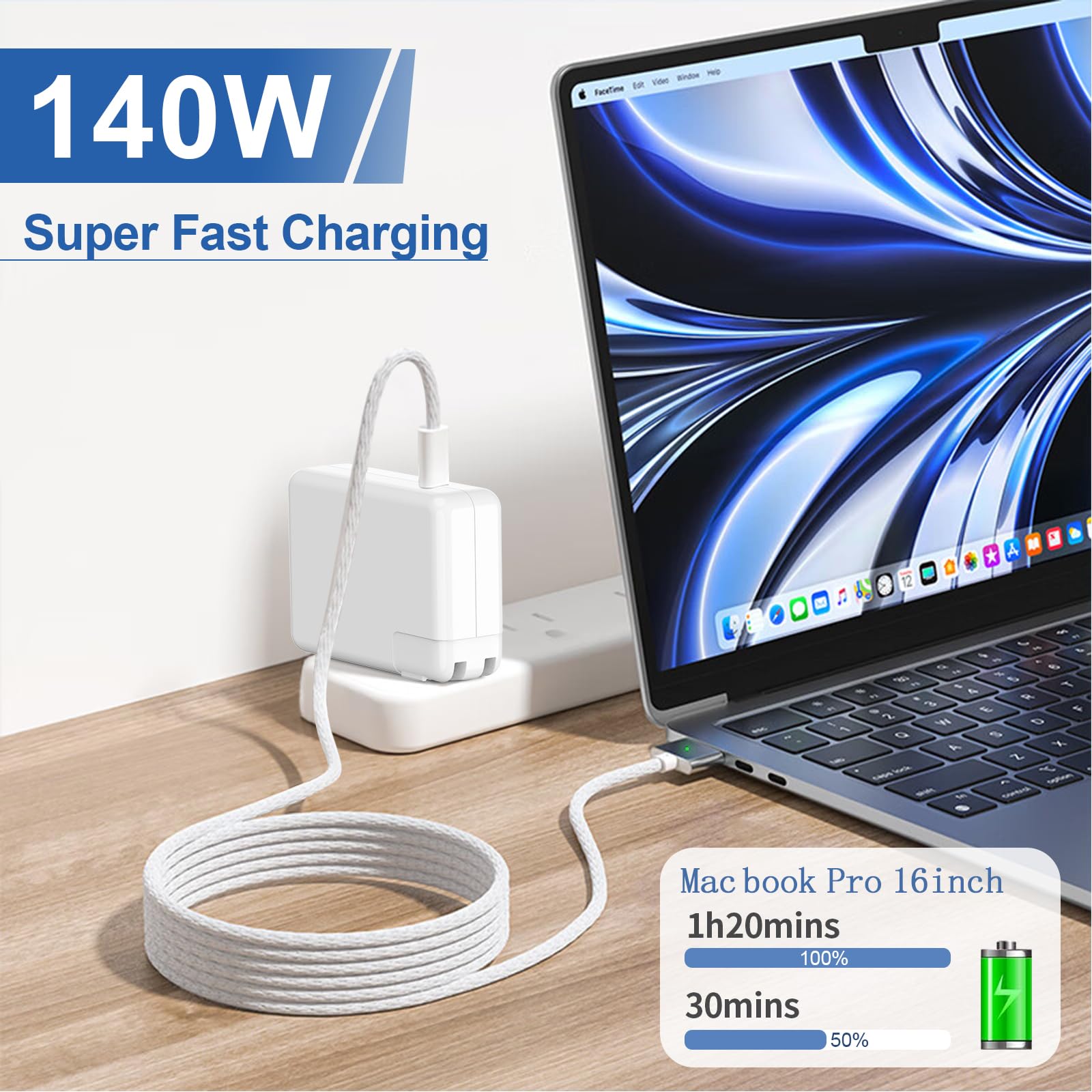 140W Charger for Mac Book Pro 14 16 inch 2024 2023 2021, Mac Book Air 13 15 inch 2024 2023 2022 M3 M2 M1, with LED 6.6FT USB-C to 3 Braided Cable, Original Quality, Powerful Connect (140W)