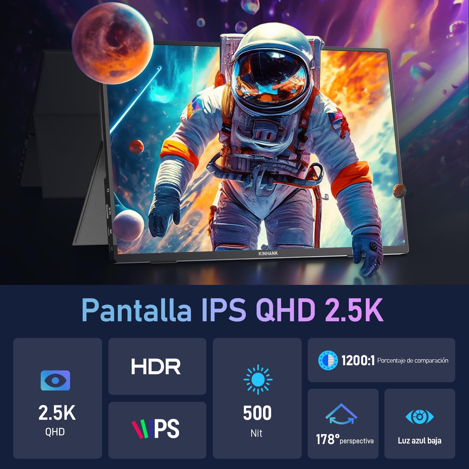 Kinhank 2.5K Pantalla Portátil, 144Hz | 16" | 500Nits | QHD | HDR | 100% sRGB, FreeSync, IPS Eye Care Monitor Portátil, Monitor Gaming para Laptop/PC/MacBook/Phones/Tablet/PS5/4/Xbox/HDMI/USB C