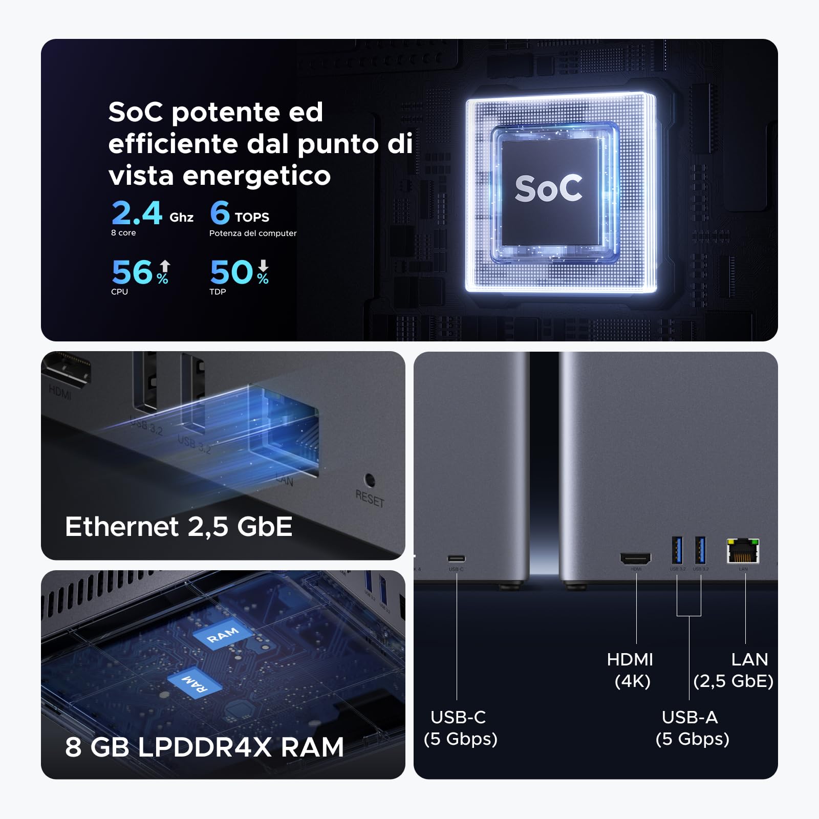 UGREEN NASync DH4300 Plus, NAS Desktop a 4 Bay, Porta LAN 2,5 GbE, SoC RK3588C, 8 GB di RAM, Connessione NFC One-Touch, Album Familiare/Bambino AI, Cloud Personale per Casa/Ufficio (Senza Dischi)